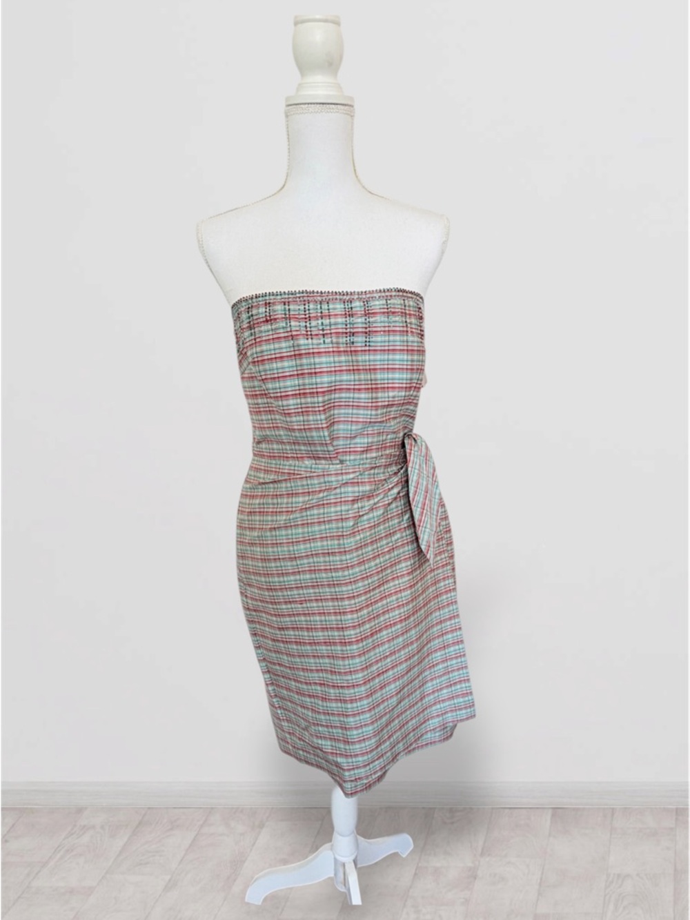 NWT KAY UNGER PETITE 100% SILK PLAID STRAPLESS COCKTAIL DRESS SIZE 8
